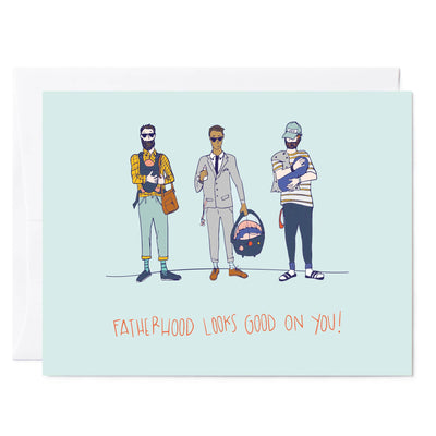 Illustrated greeting card of new dads and babies