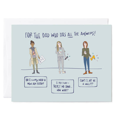 Illustrated greeting card dad advice on oil, picture hanging, and electronics