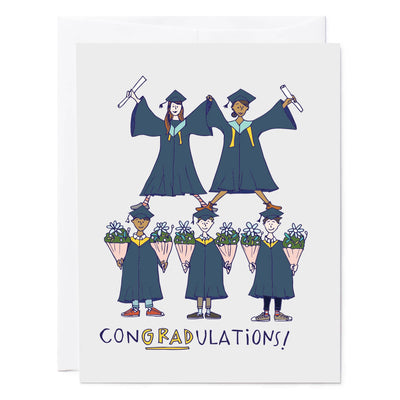 Illustrated greeting card of graduates holding flowers