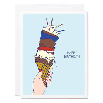 Colorful birthday card with hand-illustrated ice cream cone, macarons, cupcake, and cookie by Tuxberry & Whit.