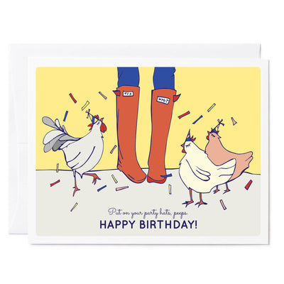  Birthday card with illustration of person feeding chickens wearing birthday hats in primary bold colors with sprinkles.