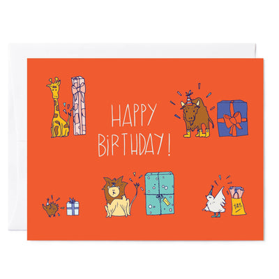 Playful birthday card with cute hand-drawn animal illustrations celebrating with a gift, by Tuxberry & Whit.