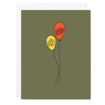 Retro-inspired birthday card with two minimalist hand-drawn balloons, one red and one yellow, with the words "happy" and "birthday" hand-lettered inside, by Tuxberry & Whit.