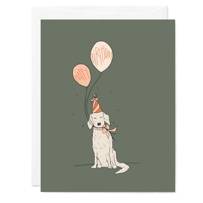 Golden retriever dog in party hat holding balloons with text "happy birthday" on modern pink and green background.
