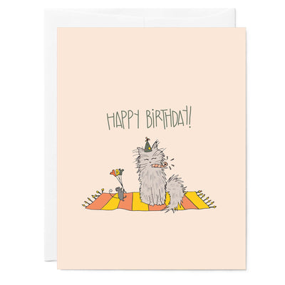 Illustration of a cute cat wearing a party hat and blowing a kazoo, with a mouse holding balloons beside it