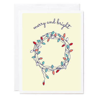 Illustrated greeting card Chistmas light weath 'Merry and Bright'