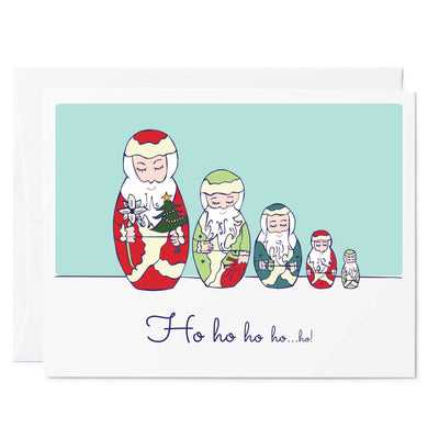 Illustrated greeting card of Nesting Santas "Ho Ho Ho!"