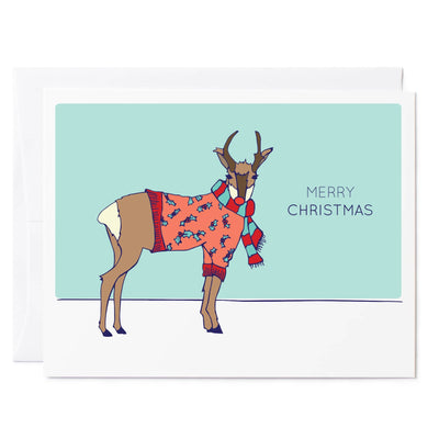 Illustrated greeting card Pronghorn Antelope in ugly Christmas sweater