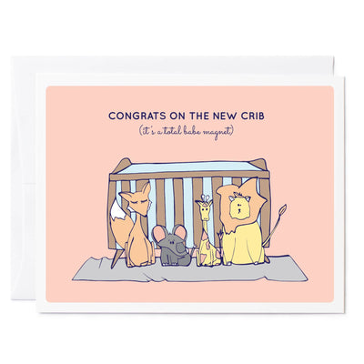 Illustrated greeting card new baby animals and crib 'Congrats on the new crib, it's a totaly babe magnet'
