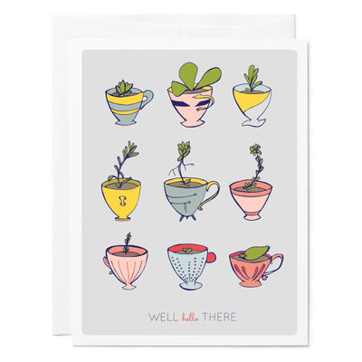 Illustrated greeting card succulents in teacups 'Well Hello There'