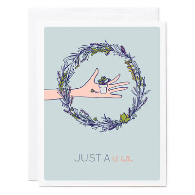 Illustrated greeting card with succulent wreath 'Just a little hello'