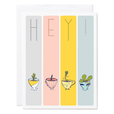 Illustrated greeting card succulents in teacups 'HEY!'