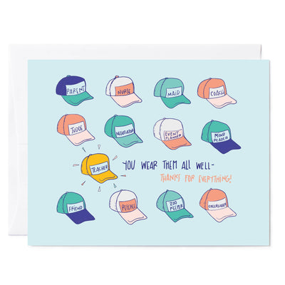 Illustrated greeting card with baseball caps wtih roles teachers play for teacher thank you appreciation