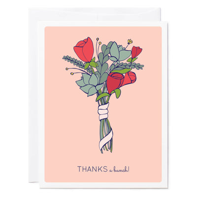 Whimsical thank you card featuring a beautiful bouquet of flowers in shades of pink with the message "Thanks a Bunch".
