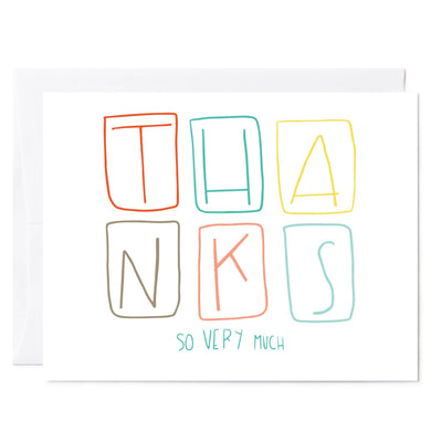 Simple pastel thanks card with letters written out in boxes on white background.
