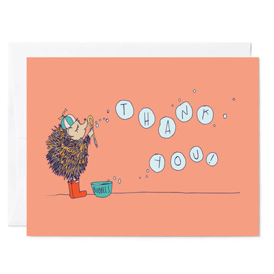 Illustration of a cute hedgehog wearing a hat with a propeller and rain boots, blowing bubbles that spell out "THANK YOU."