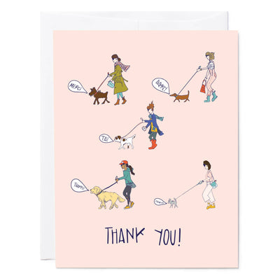Illustrated greeting card thank you in English, Korean, French, German