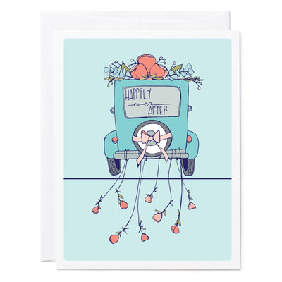 Illustrated greeting card of vintage car reads 'Happily Ever After'