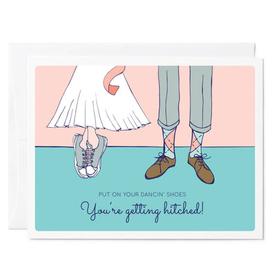 Illustrated greeting card wedding with dancing feet wearing shoes