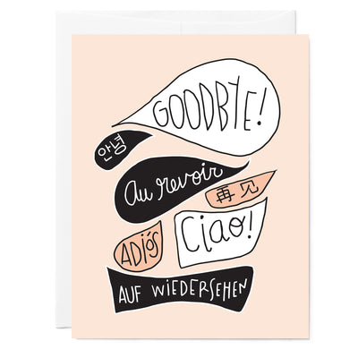 Hand illustrated greeting card with goodbye written in English, Korean, French, Chinese, Spanish, Italian, and German.