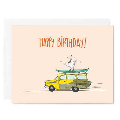 Retro birthday card with a surfing bird on a station wagon, perfect for any fun and colorful celebration.