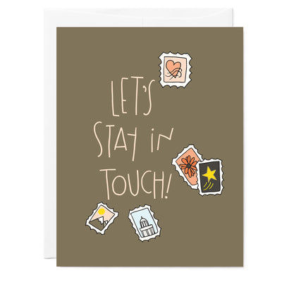 Hand illustrated greeting card with hand lettered words saying 'Let's Stay in Touch' with little stamps around it.