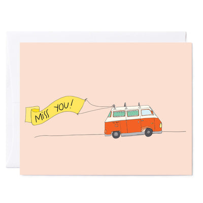 Illustrated greeting card with van and flag that reads 'Miss You'