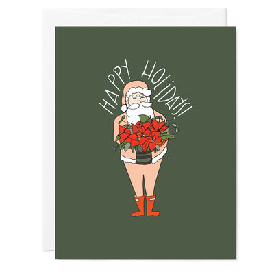 Hand illustrated greeting card of Santa ink pink suit and red boots holding Poinsettias. White hand lettered words read Happy Holidays on green backgound. 