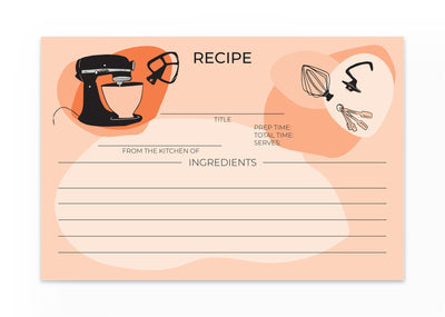 Hand-illustrated retail recipe card with playful baking gadgets and stand mixer.