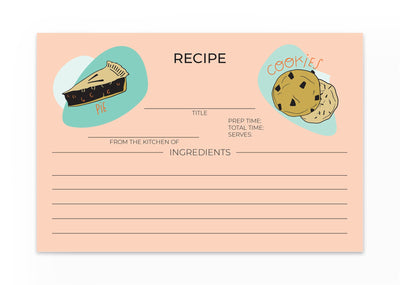 Recipe card featuring fun illustrations of baked goods pie and cookies