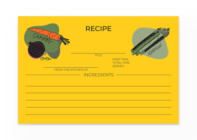 Recipe card with playful, modern designs of fresh produce carrots, onion, and asparagus.