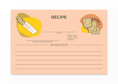Recipe card featuring cheerful illustrations of Italian cuisine baguettes and ravioli.