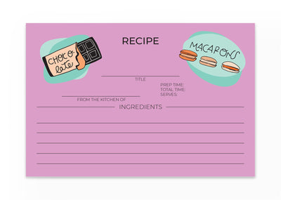 Recipe card with fun illustrations of chocolates and macarons.