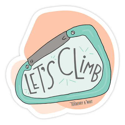 Hand-illustrated Carabiner sticker by Tuxberry & Whit with "Let's Climb" design featuring playful typography.
