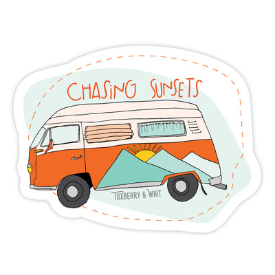 Hand-illustrated red retro van sticker with the words 'Chasing Sunsets'. Perfect for adding a playful touch to your water bottle, laptop, or notebook.