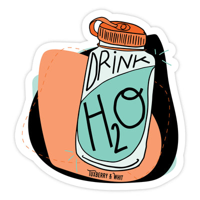 Hand-illustrated 'Drink H2O' water bottle sticker by Tuxberry & Whit. Whimsical design featuring a water bottle with the words "Drink H2O"