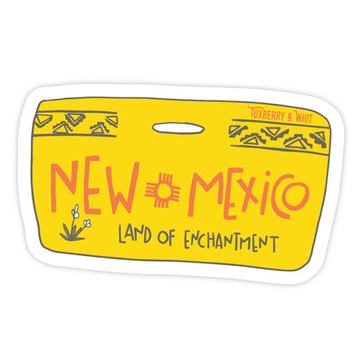 Hand-illustrated New Mexico license plate sticker with yellow design and bold lettering by Tuxberry & Whit.
