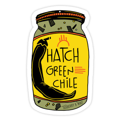 Hand-illustrated Hatch Green Chili Jar of Chili Sticker from Tuxberry & Whit, featuring a green chili pepper jar with the words "Hatch Green Chili" 