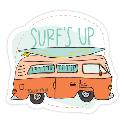 "Surf's Up" sticker featuring a hand-illustrated design of a red retro van with a surfboard on top.