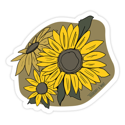 Hand-illustrated sunflower sticker with bright yellow petals and green leaves, perfect for adding a pop of color to your belongings.