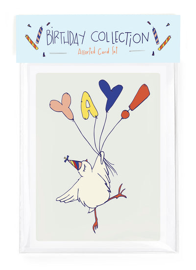 A set of four colorful and playful birthday cards featuring bold designs.