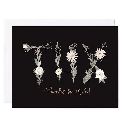 Illustrated greeting card THX written in flowers