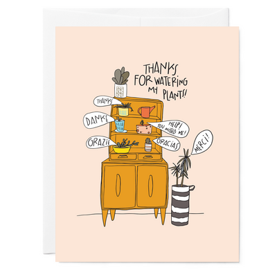 Illustrated thank you card featuring a mid-century modern hutch filled with lush green plants and the words "Thanks for watering my plants" in various languages.