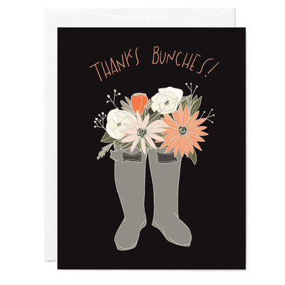 Illustrated thank you card with drawing of English green rain boots filled with fresh flowers from the garden.
